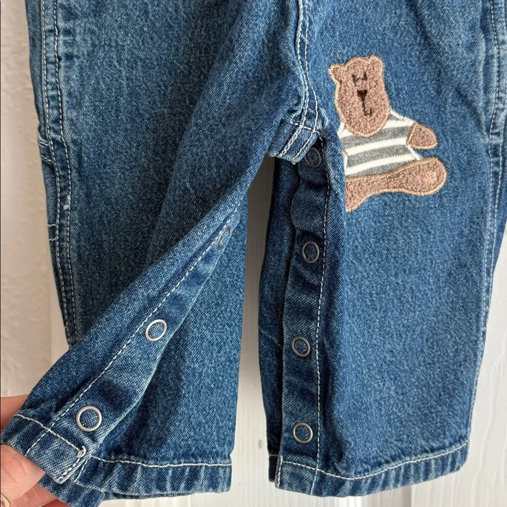 VINTAGE 1999 Baby GAP Blue Denim Overalls with Embroidered Bear Patches